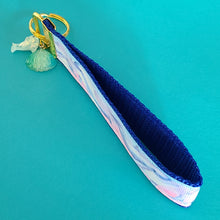Load image into Gallery viewer, Dolphins in Watercolor Pink Blue Waters on Yellow Gold Key Chain Fob  with Dolphin Charm
