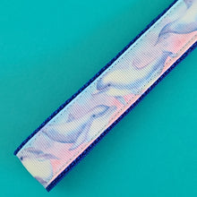 Load image into Gallery viewer, Dolphins in Watercolor Pink Blue Waters on Yellow Gold Key Chain Fob  with Dolphin Charm
