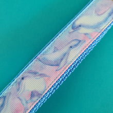 Load image into Gallery viewer, Dolphins in Watercolor Pink Blue Waters on Yellow Gold Key Chain Fob  with Dolphin Charm
