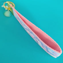 Load image into Gallery viewer, Dolphins in Watercolor Pink Blue Waters on Yellow Gold Key Chain Fob  with Dolphin Charm
