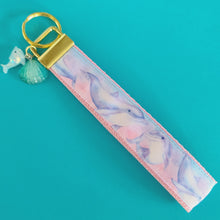 Load image into Gallery viewer, Dolphins in Watercolor Pink Blue Waters on Yellow Gold Key Chain Fob  with Dolphin Charm
