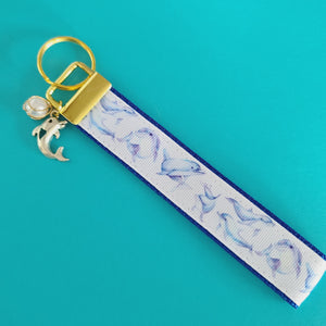 Dolphins in Watercolor on Yellow Gold Key Chain Fob with Gold Dolphin Charm