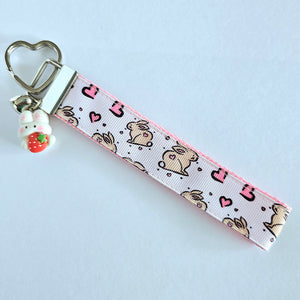 Bunnies with Hearts on Silver Key Chain Fob with Rose Charm