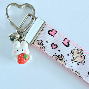 Bunnies with Hearts on Silver Key Chain Fob with Rose Charm