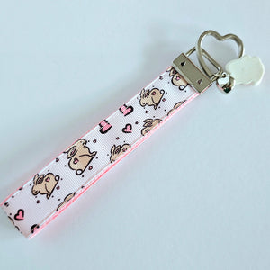 Bunnies with Hearts on Silver Key Chain Fob with Rose Charm