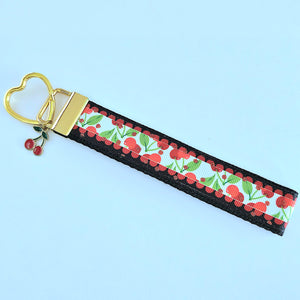 Cherries with Glitter on Gold Key Chain Fob with Enameled Cherry charm