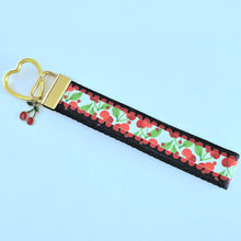 Load image into Gallery viewer, Cherries with Glitter on Gold Key Chain Fob with Enameled Cherry charm
