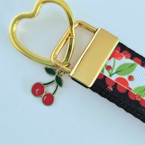 Cherries with Glitter on Gold Key Chain Fob with Enameled Cherry charm