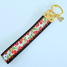 Load image into Gallery viewer, Cherries with Glitter on Gold Key Chain Fob with Enameled Cherry charm
