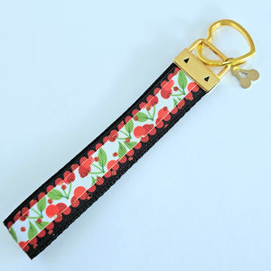Cherries with Glitter on Gold Key Chain Fob with Enameled Cherry charm