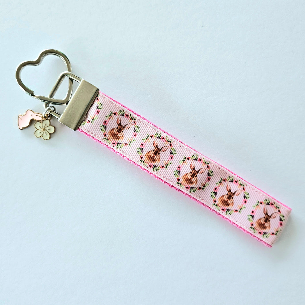 Bunny in a Wreath Silver Key Chain Fob with Rose Charm