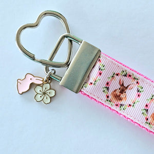Bunny in a Wreath Silver Key Chain Fob with Rose Charm