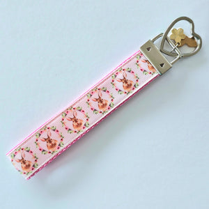 Bunny in a Wreath Silver Key Chain Fob with Rose Charm