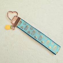 Load image into Gallery viewer, Pineapple Gold Heart Key Chain Fob - Foil printed Golden Pineapples with Adorable Pineapple &amp; Turtle Charm
