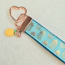Load image into Gallery viewer, Pineapple Gold Heart Key Chain Fob - Foil printed Golden Pineapples with Adorable Pineapple &amp; Turtle Charm
