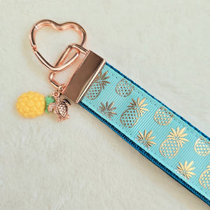 Pineapple Gold Heart Key Chain Fob - Foil printed Golden Pineapples with Adorable Pineapple & Turtle Charm