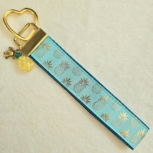 Load image into Gallery viewer, Pineapple Gold Heart Key Chain Fob - Foil printed Golden Pineapples with Adorable Pineapple &amp; Turtle Charm
