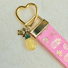 Load image into Gallery viewer, Pineapple Gold Heart Key Chain Fob - Foil printed Golden Pineapples with Adorable Pineapple &amp; Turtle Charm
