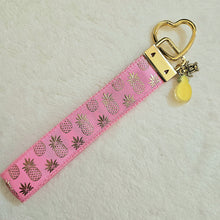 Load image into Gallery viewer, Pineapple Gold Heart Key Chain Fob - Foil printed Golden Pineapples with Adorable Pineapple &amp; Turtle Charm
