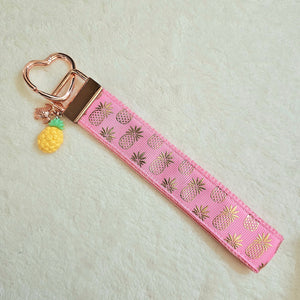 Pineapple Gold Heart Key Chain Fob - Foil printed Golden Pineapples with Adorable Pineapple & Turtle Charm