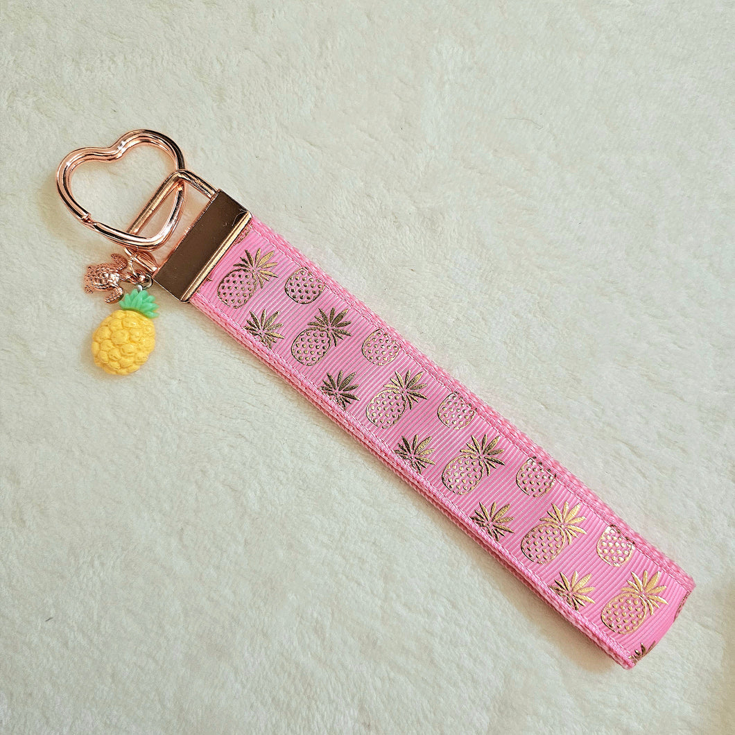 Pineapple Gold Heart Key Chain Fob - Foil printed Golden Pineapples with Adorable Pineapple & Turtle Charm