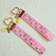 Load image into Gallery viewer, Pineapple Gold Heart Key Chain Fob - Foil printed Golden Pineapples with Adorable Pineapple &amp; Turtle Charm
