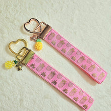 Load image into Gallery viewer, Pineapple Gold Heart Key Chain Fob - Foil printed Golden Pineapples with Adorable Pineapple &amp; Turtle Charm
