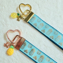 Load image into Gallery viewer, Pineapple Gold Heart Key Chain Fob - Foil printed Golden Pineapples with Adorable Pineapple &amp; Turtle Charm
