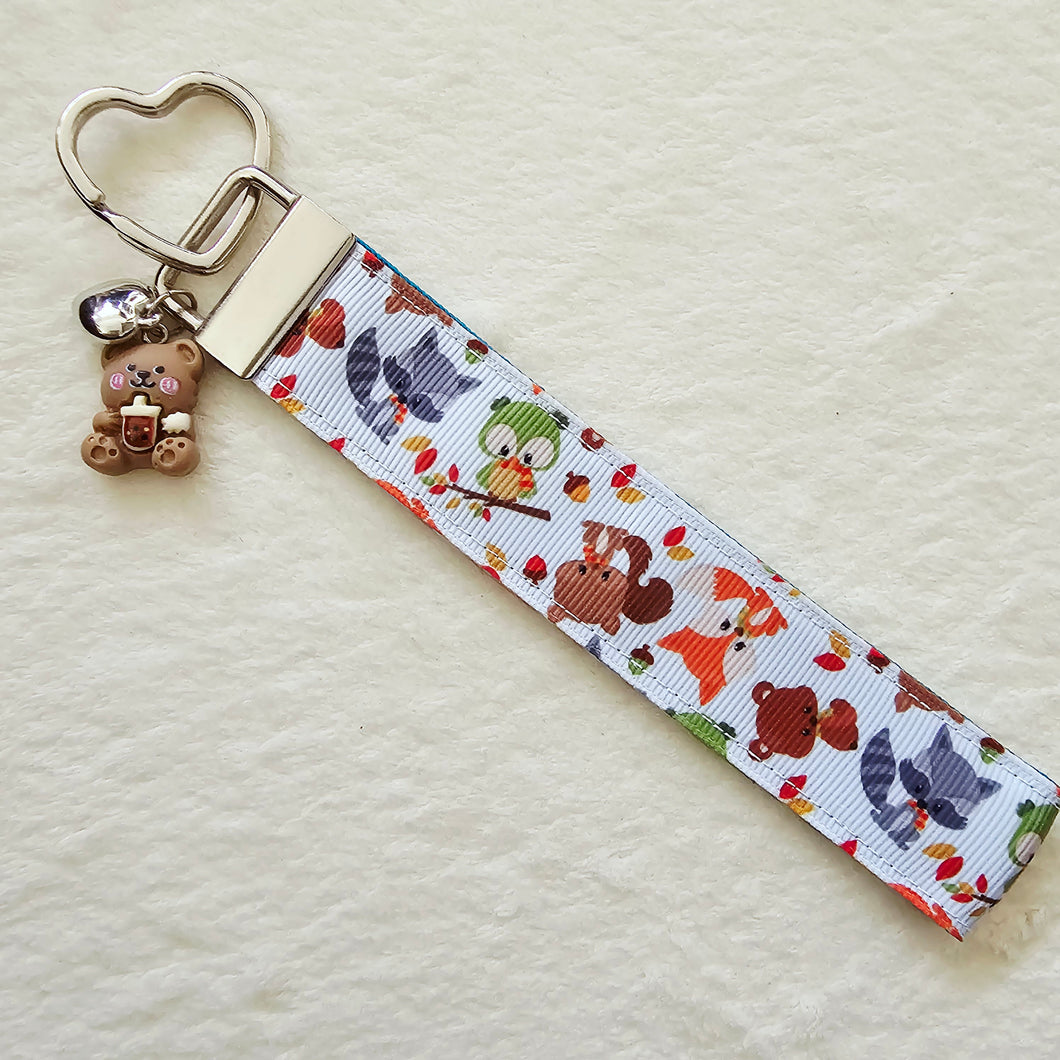 Adorable Fall Forest Friends on White Key Fob on Silver