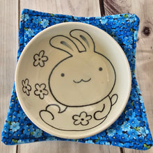 Load image into Gallery viewer, Bunnies &amp; Chicks on Light Blue with Blue Flowers - Reversible 100% Cotton Bowl Cozy
