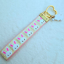 Load image into Gallery viewer, Bunnies with Glittery Faces Key Chain Fob with Yellow Gold Clasp and Cute Enameled Bunny Charm
