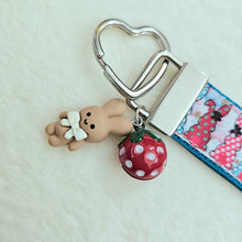 Load image into Gallery viewer, Bunnies with Bows Stars and Polka Dots Key Chain Fob your choice of hardware color
