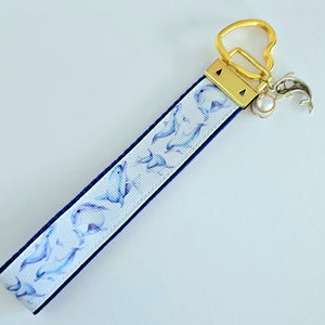 Dolphins in Watercolor on Yellow Gold Key Chain Fob with Gold Dolphin Charm