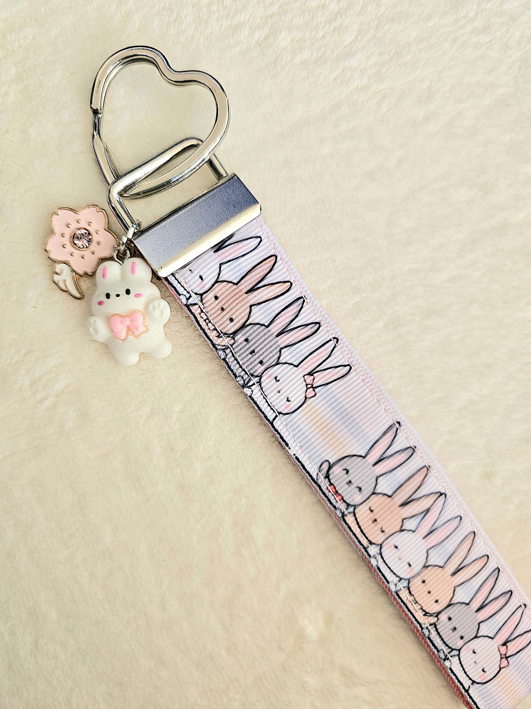 Bunnies Saying Hi! Key Chain Fob with Your Choice of Rose Gold, Yellow Gold or Silver Hardware
