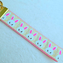 Load image into Gallery viewer, Bunnies with Glittery Faces Key Chain Fob with Yellow Gold Clasp and Cute Enameled Bunny Charm
