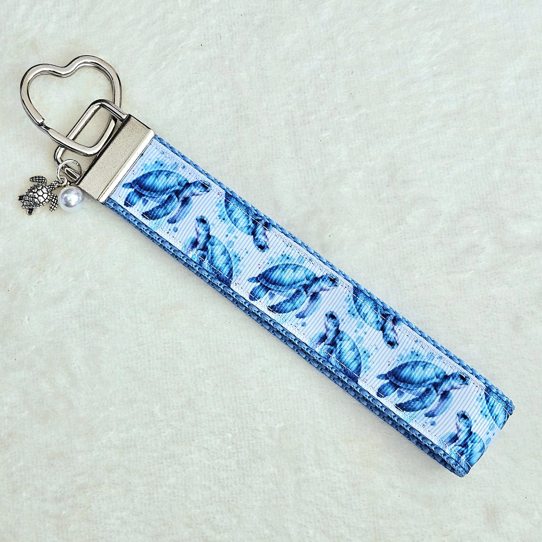 Sea Turtles Honu on Silver Heart Key Chain Fob with Turtle & Pearl Charm