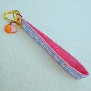 Bunnies with Carrots & Flowers on Light Blue Yellow Gold Key Chain Fob with Enameled Bunny Charm