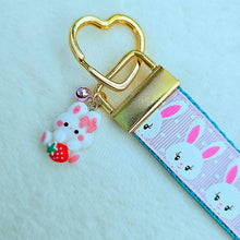 Load image into Gallery viewer, Bunnies with Glittery Faces Key Chain Fob with Yellow Gold Clasp and Cute Enameled Bunny Charm
