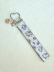 Bunnies with Hearts on Silver Key Chain Fob with Rose Charm