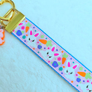 Bunny Flowers & Carrots Glittery Key Chain Fob on Gold with Bunny Charm