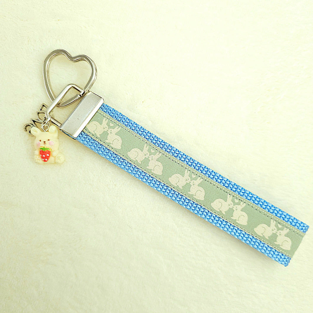 Bunnies In Love on Blue Keychain Fob with Cute Bunny Charm