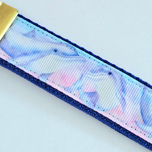 Dolphins in Watercolor Pink Blue Waters on Yellow Gold Key Chain Fob  with Dolphin Charm