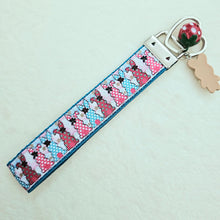Load image into Gallery viewer, Bunnies with Bows Stars and Polka Dots Key Chain Fob your choice of hardware color
