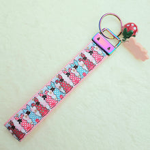 Load image into Gallery viewer, Bunnies with Bows Stars and Polka Dots Key Chain Fob your choice of hardware color

