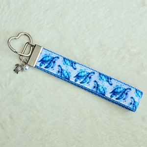 Sea Turtles Honu on Silver Heart Key Chain Fob with Turtle & Pearl Charm