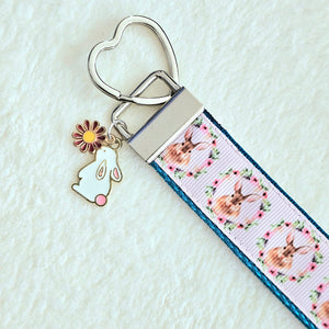 Bunny in a Wreath Silver Key Chain Fob with Rose Charm