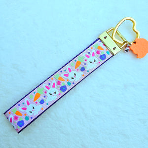 Bunny Flowers & Carrots Glittery Key Chain Fob on Gold with Bunny Charm