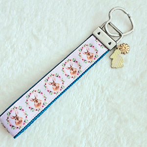 Bunny in a Wreath Silver Key Chain Fob with Rose Charm