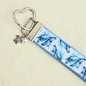 Sea Turtles Honu on Silver Heart Key Chain Fob with Turtle & Pearl Charm