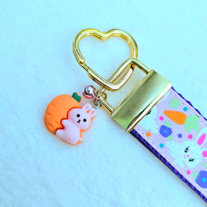 Bunny Flowers & Carrots Glittery Key Chain Fob on Gold with Bunny Charm